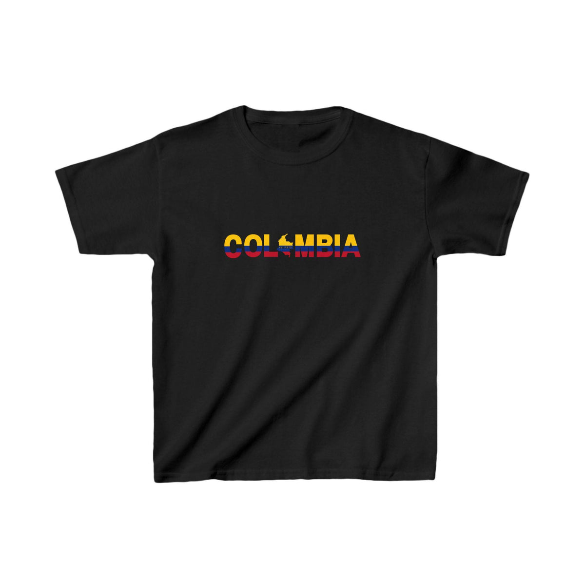 Black baby tee with Colombia wordmark in yellow, blue, and red flag colors and map silhouette