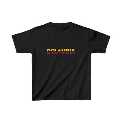 Black baby tee with Colombia wordmark in yellow, blue, and red flag colors and map silhouette