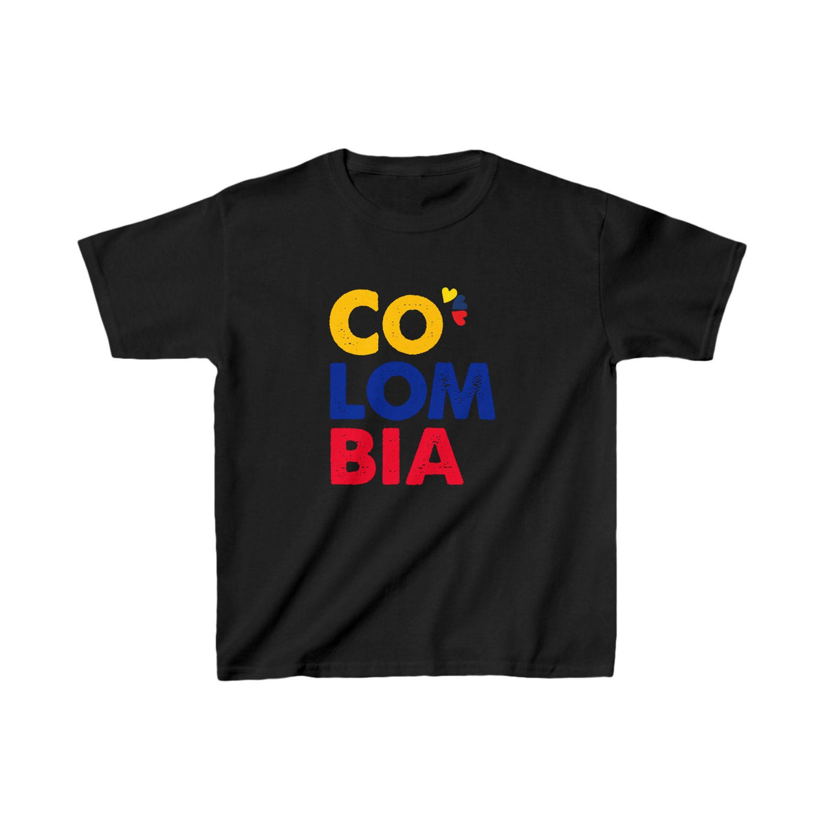 White baby tee with CO LOM BIA text in yellow, blue and red Colombia flag colors