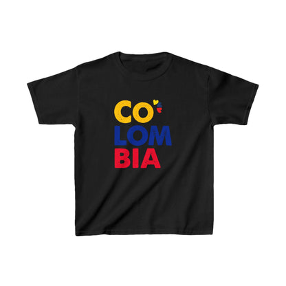 White baby tee with CO LOM BIA text in yellow, blue and red Colombia flag colors