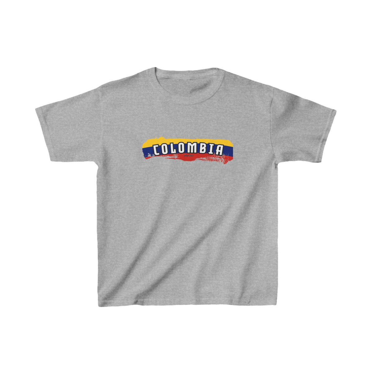 White baby tee with Colombia wordmark over yellow, blue, and red flag brush stroke design