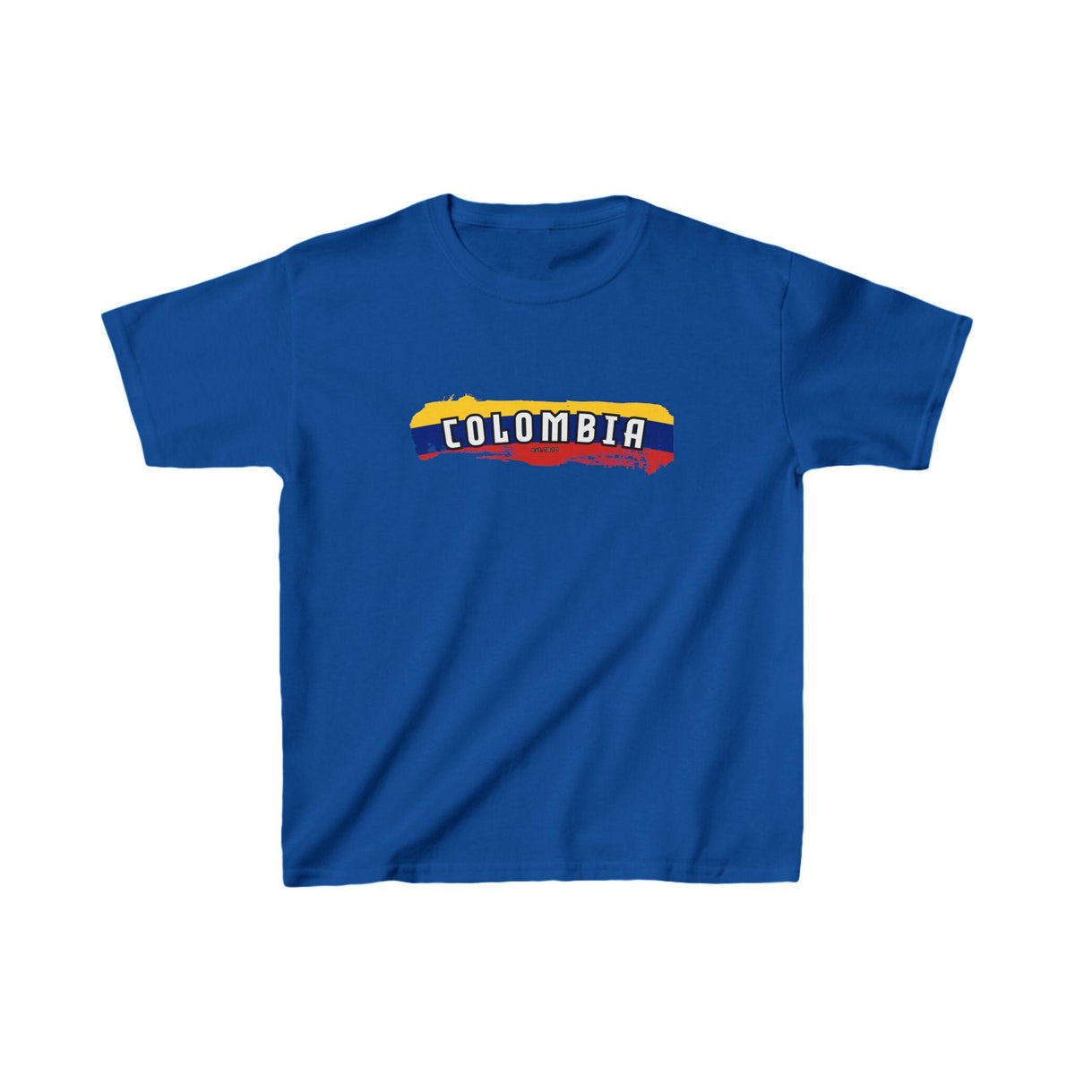 White baby tee with Colombia wordmark over yellow, blue, and red flag brush stroke design