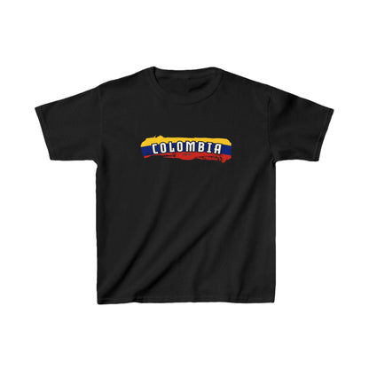 White baby tee with Colombia wordmark over yellow, blue, and red flag brush stroke design