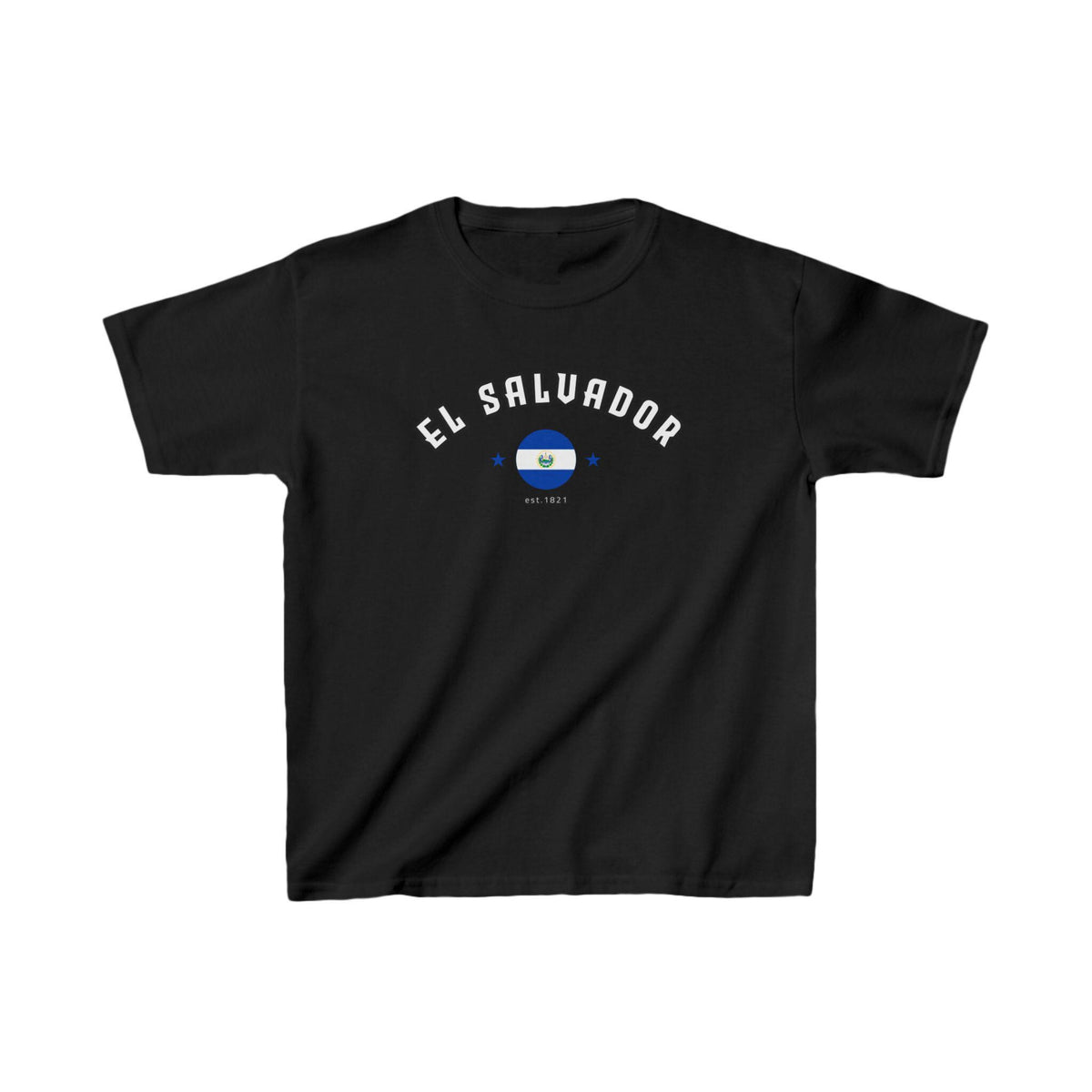 El Salvador baby tee with arched text, flag graphic, stars, and est. 1821 detail