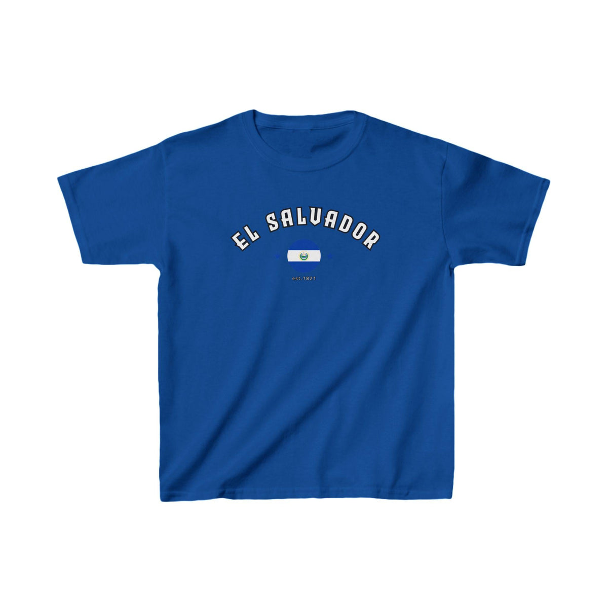 El Salvador baby tee with arched text, flag graphic, stars, and est. 1821 detail