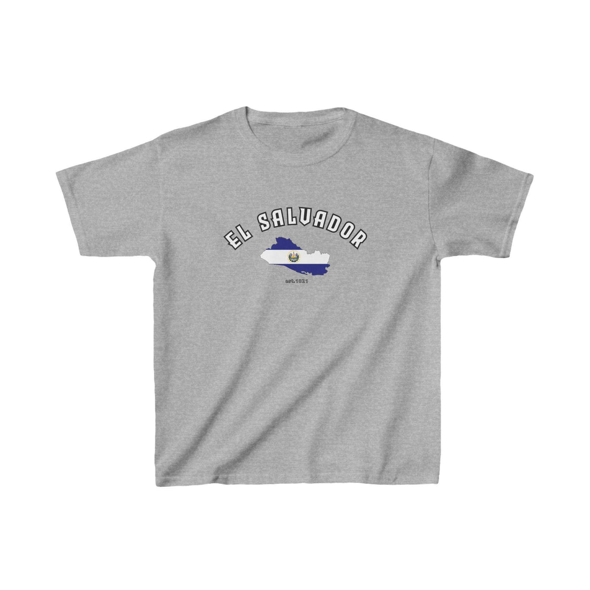 White baby tee with arched El Salvador text and flag map design