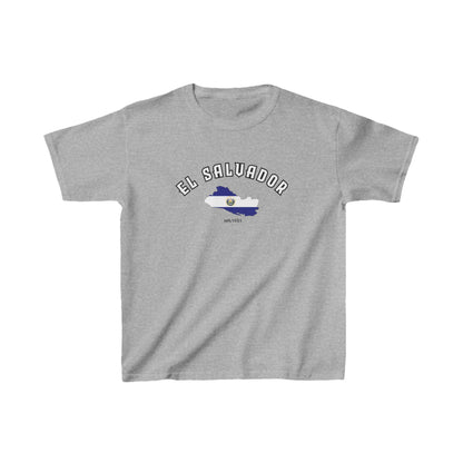 White baby tee with arched El Salvador text and flag map design