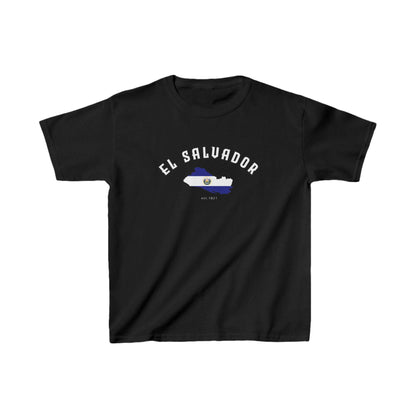 White baby tee with arched El Salvador text and flag map design