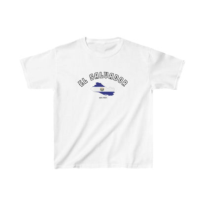 White baby tee with arched El Salvador text and flag map design