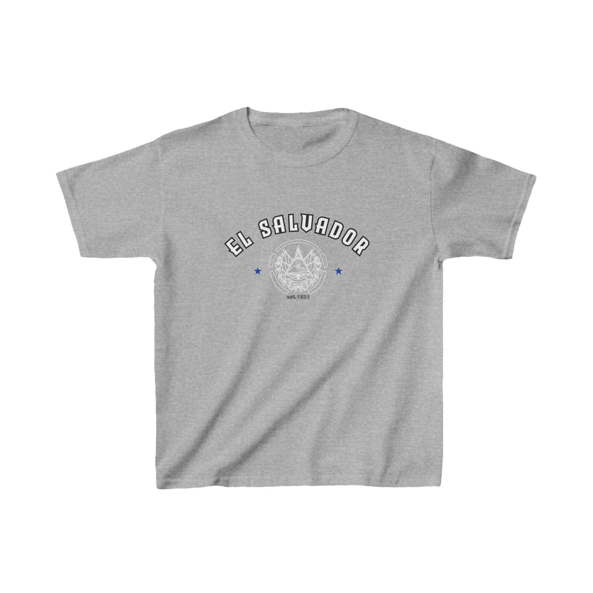 Blue baby tee with El Salvador lettering, emblem graphic, stars, and est. 1821 detail
