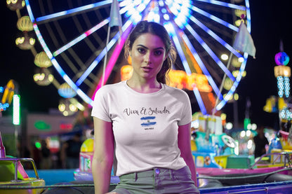 White baby tee with Viva El Salvador script, blue flag brushstroke, and 09.15.1821 date