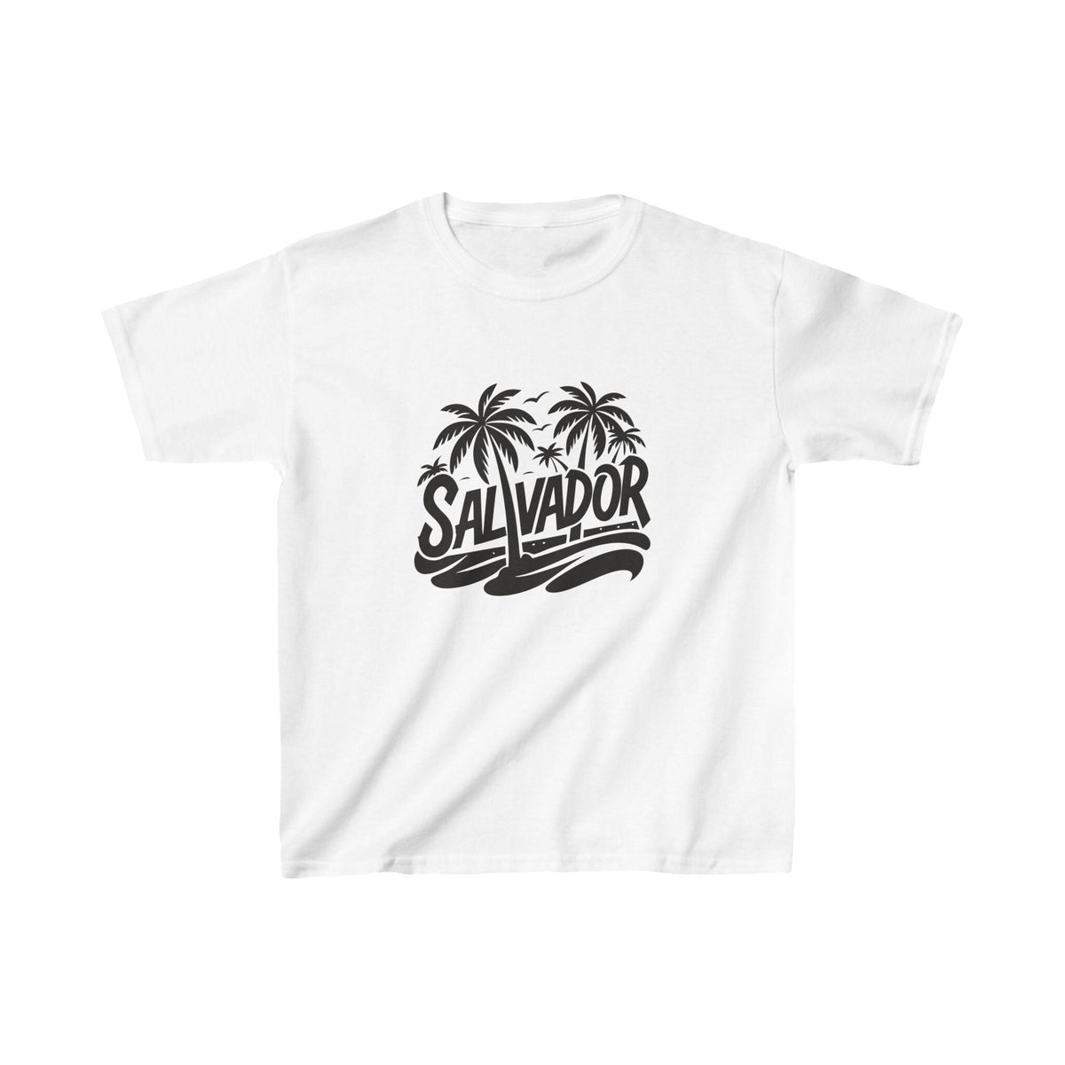 White baby tee with black Salvador lettering, palm trees, waves, and bird silhouettes