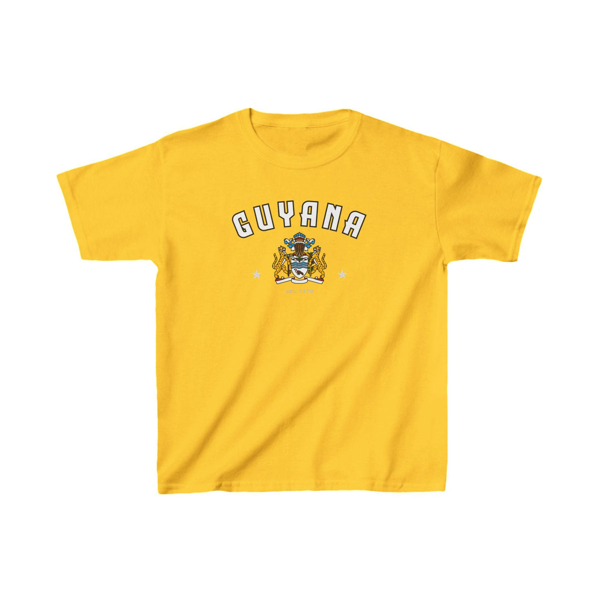 Yellow Guyana baby tee with arched lettering and crest graphic on the front