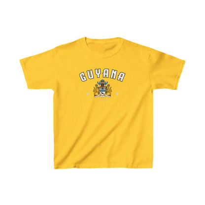 Yellow Guyana baby tee with arched lettering and crest graphic on the front