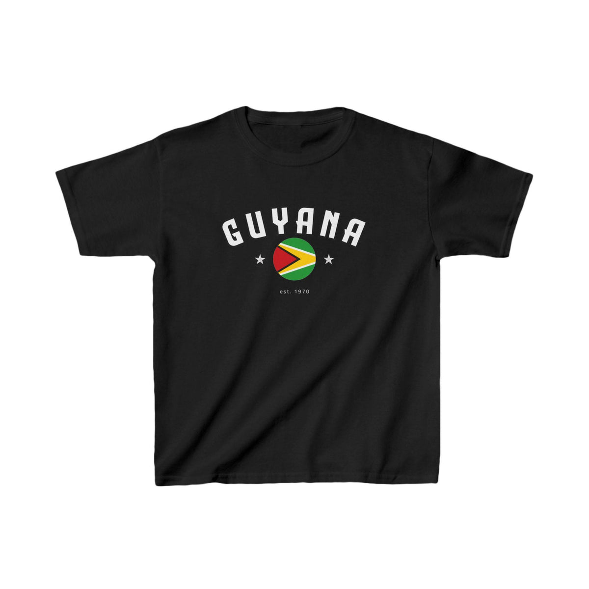 White baby tee with arched Guyana text, circular flag graphic, stars, and est. 1970 detail