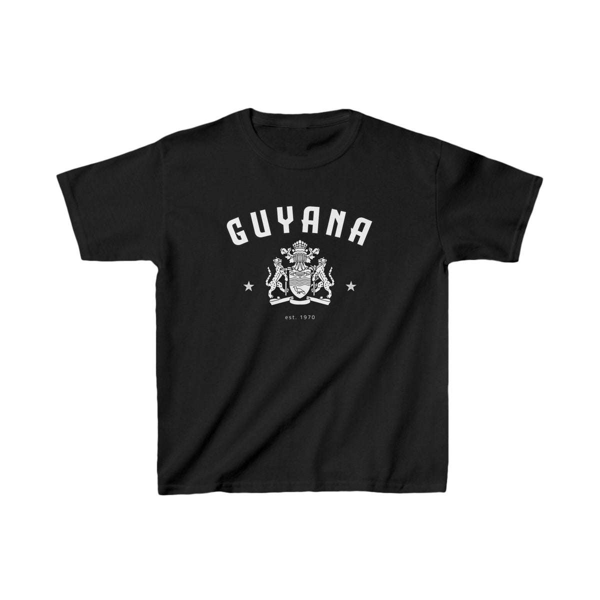 Red baby tee with arched Guyana lettering, white crest graphic, and star accents