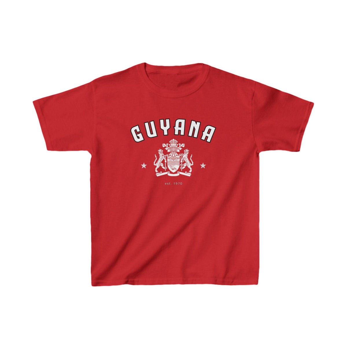Red baby tee with arched Guyana lettering, white crest graphic, and star accents