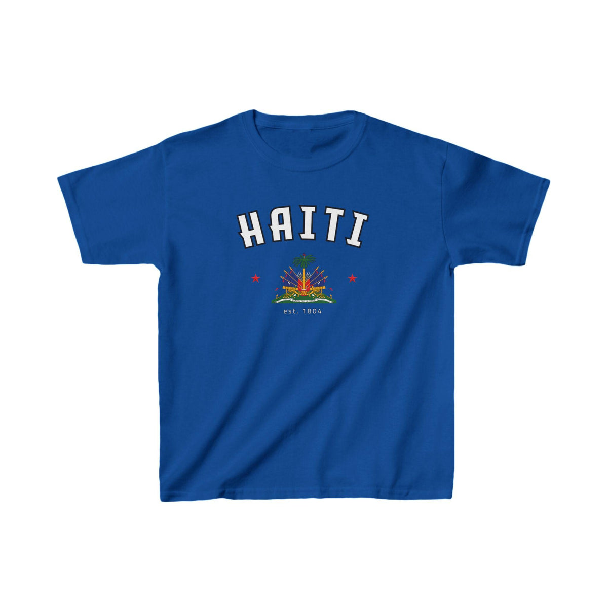 Blue baby tee with arched HAITI lettering, crest-style artwork, stars, and est. 1804 text