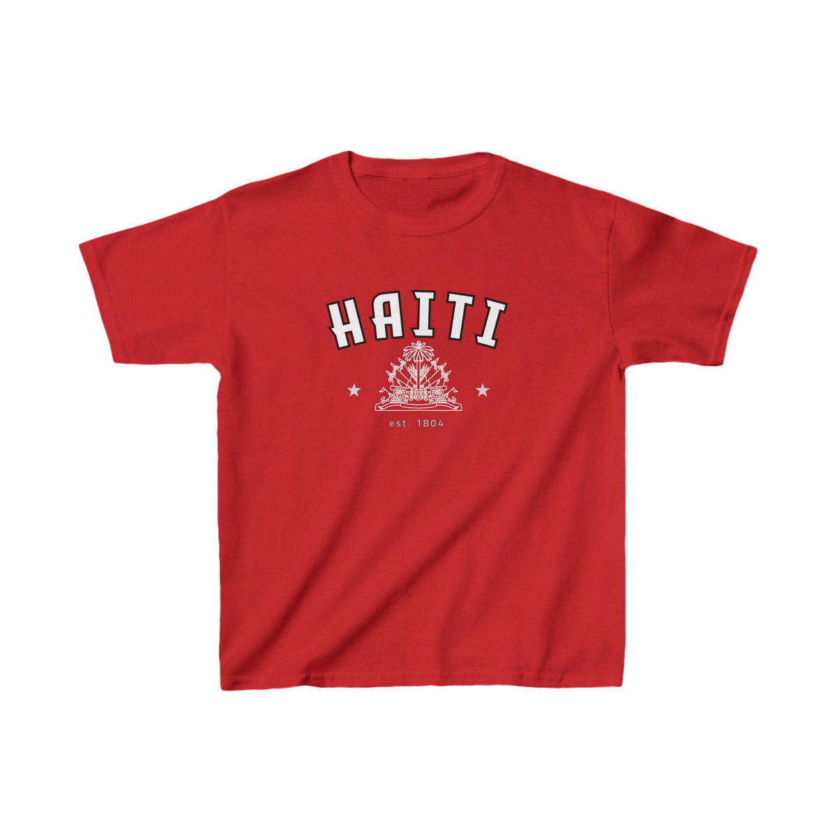 Blue baby tee with Haiti collegiate lettering, coat of arms graphic, stars, and est. 1804 text