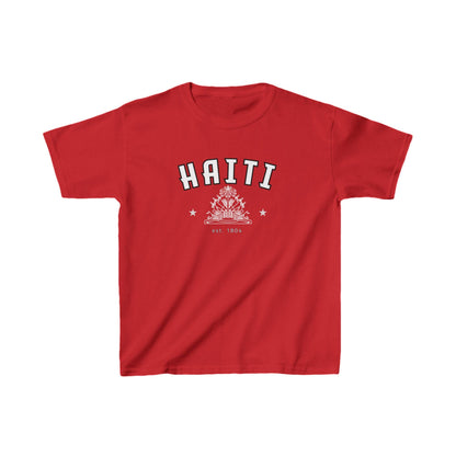 Blue baby tee with Haiti collegiate lettering, coat of arms graphic, stars, and est. 1804 text