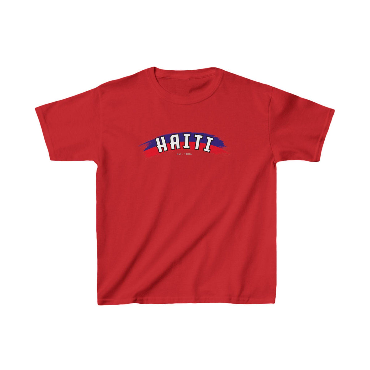 Haiti baby tee with arched text, red and blue brush strokes, and est. 1804 detail