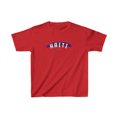 Haiti baby tee with arched text, red and blue brush strokes, and est. 1804 detail