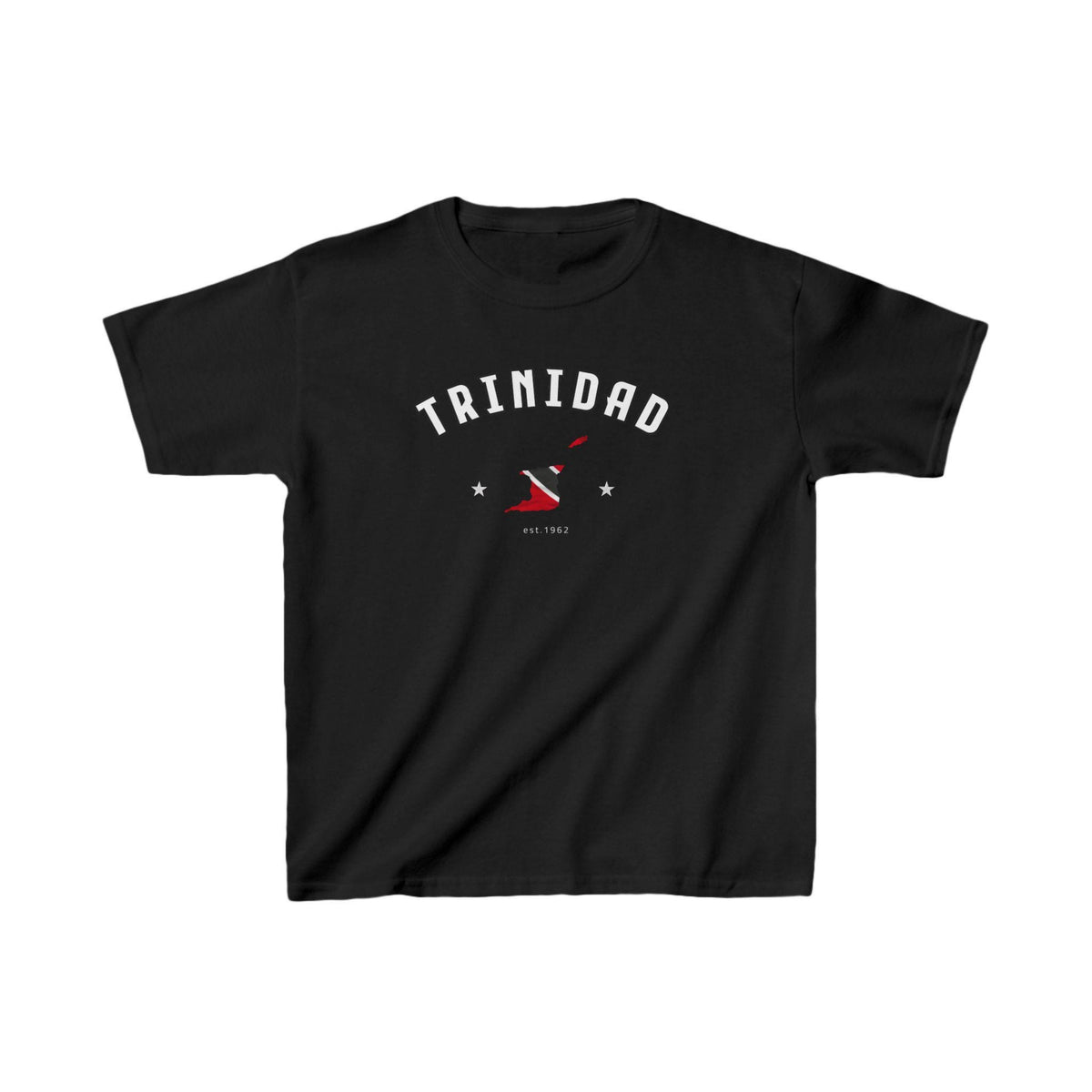 Black baby tee with arched Trinidad text, flag-colored map graphic, stars, and est. 1962 detail