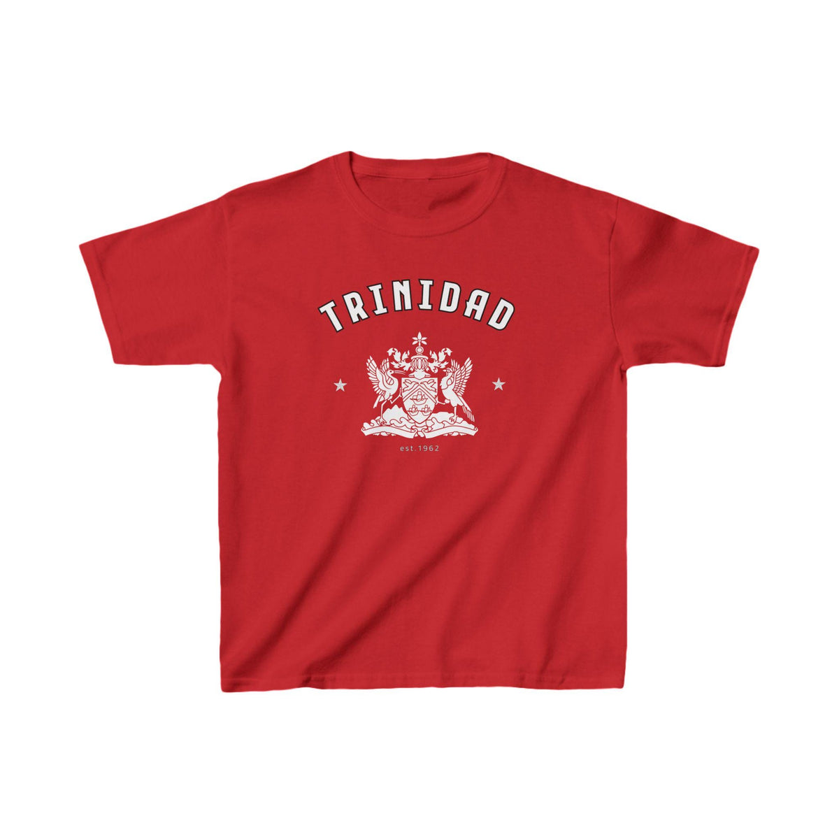 Red Trinidad baby tee with arched text, crest artwork, and star accents