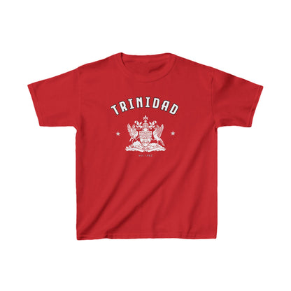 Red Trinidad baby tee with arched text, crest artwork, and star accents