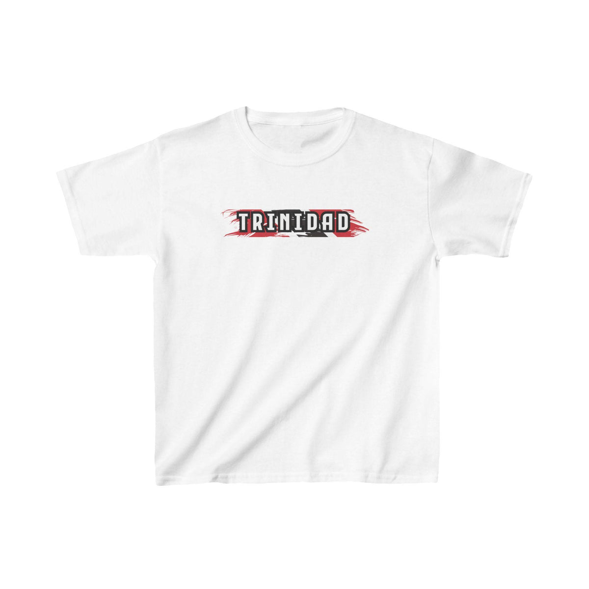 Black baby tee with Trinidad wordmark and red, black and white brush stroke graphic