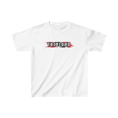 Black baby tee with Trinidad wordmark and red, black and white brush stroke graphic