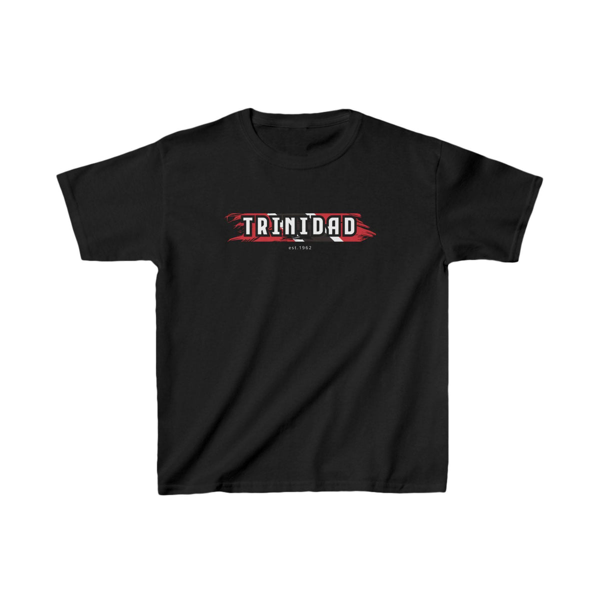 Black baby tee with Trinidad wordmark and red, black and white brush stroke graphic