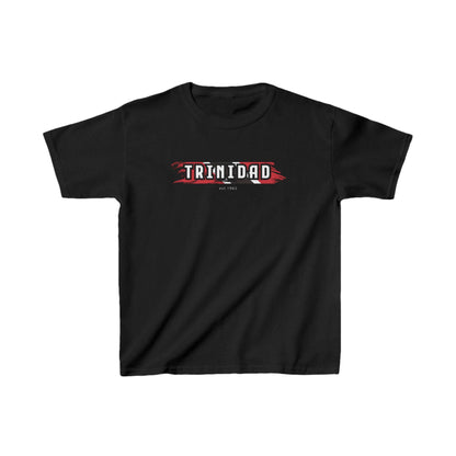 Black baby tee with Trinidad wordmark and red, black and white brush stroke graphic