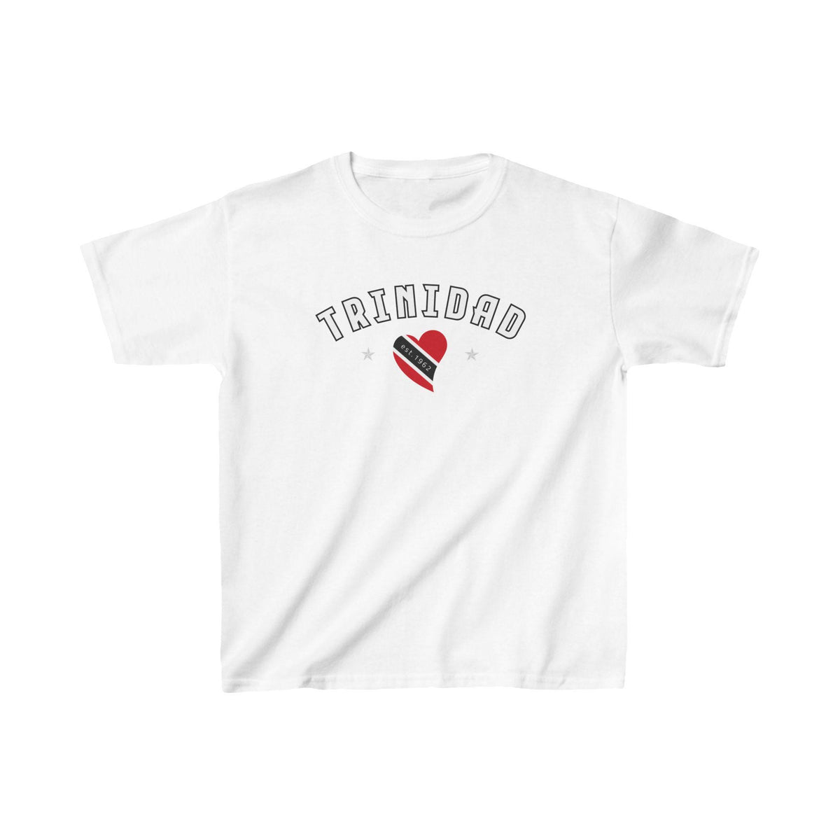 Black baby tee with Trinidad wordmark, flag heart, stars, and est. 1962 design