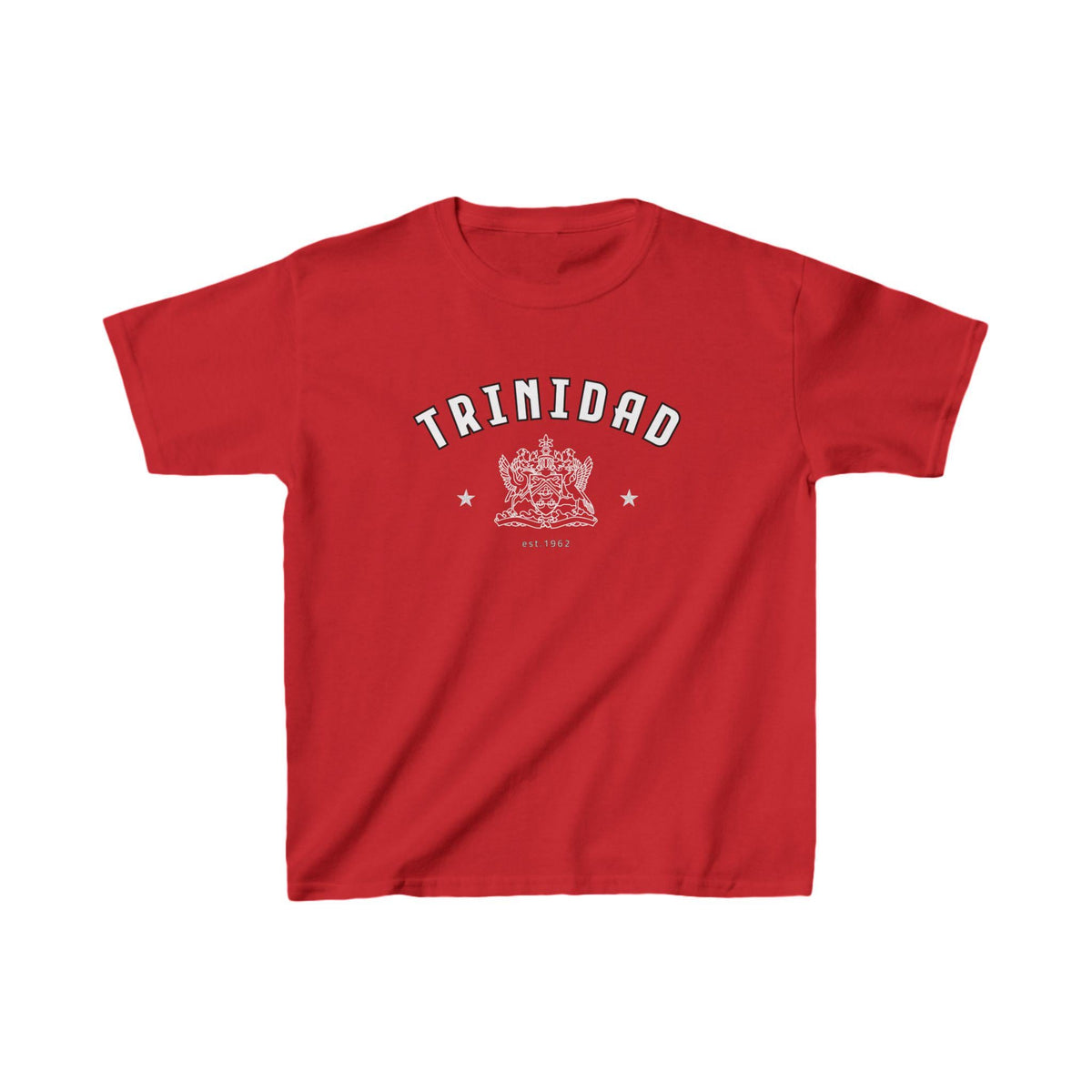 Red fitted baby tee with arched TRINIDAD text, coat of arms graphic, stars, and est 1962 detail.