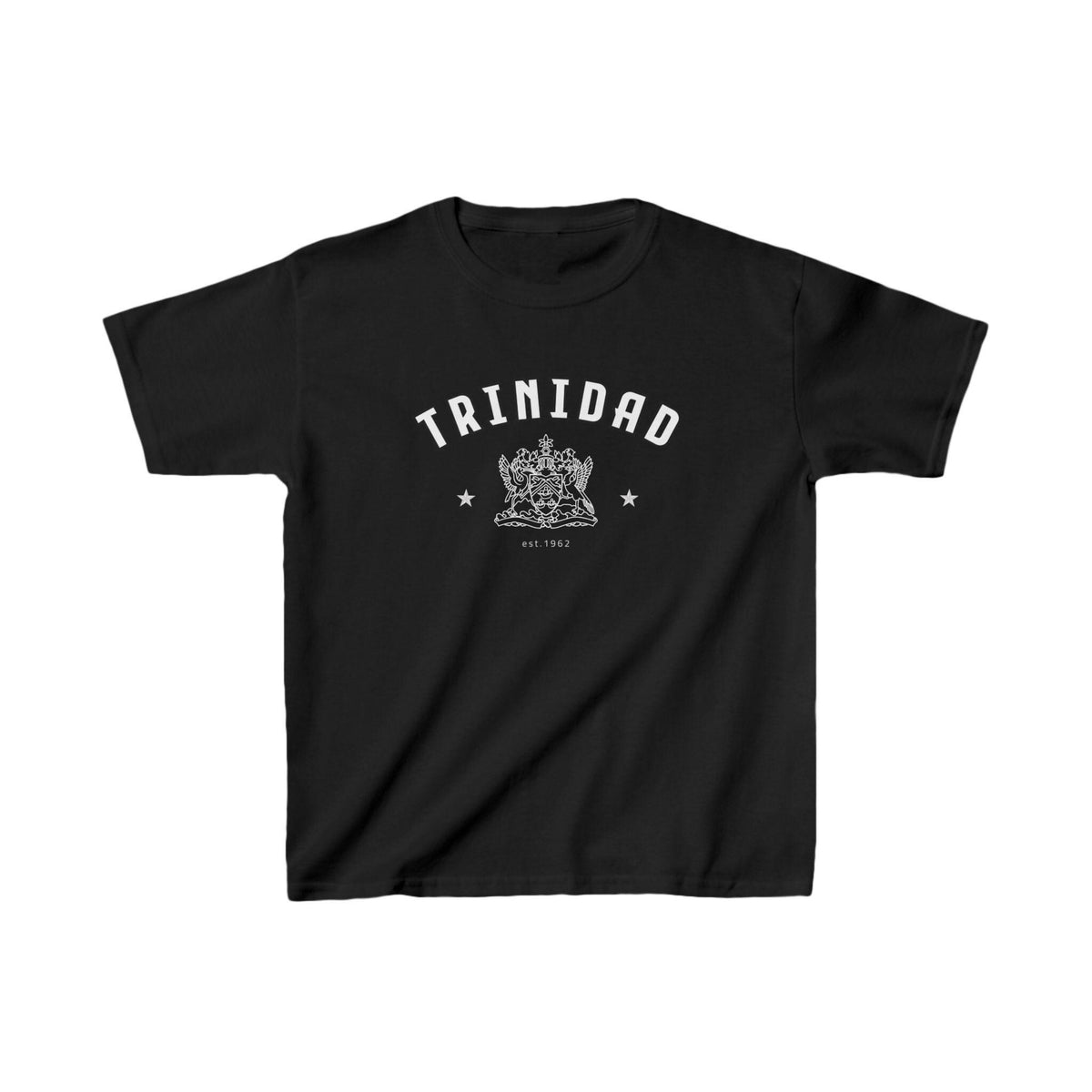 Red fitted baby tee with arched TRINIDAD text, coat of arms graphic, stars, and est 1962 detail.