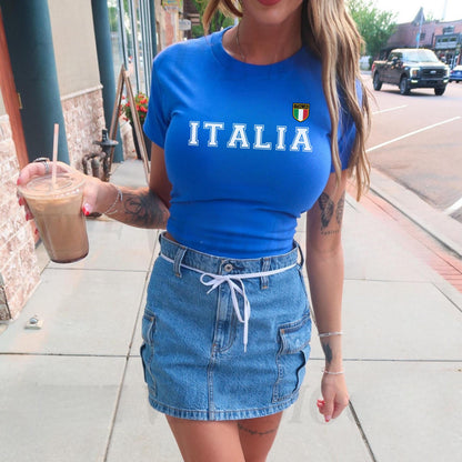 Blue fitted T-shirt with large Italia lettering and an Italian flag shield crest