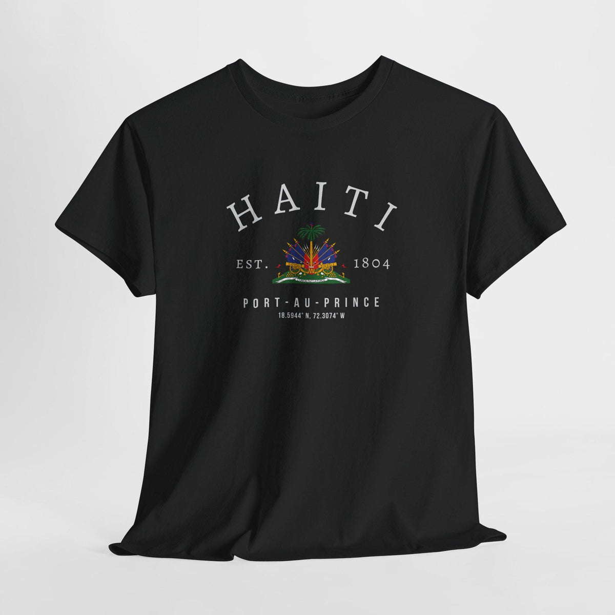 Navy T-shirt with Haiti, Port-au-Prince, EST. 1804, coordinates, and Haitian emblem design