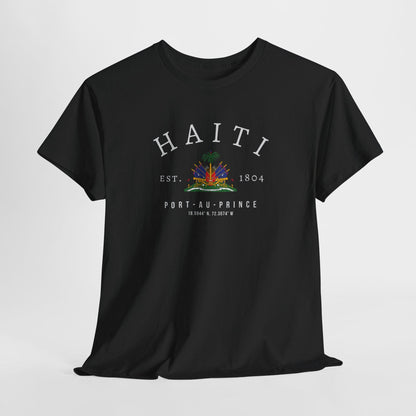 Navy T-shirt with Haiti, Port-au-Prince, EST. 1804, coordinates, and Haitian emblem design