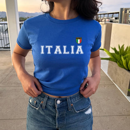 Blue fitted T-shirt with large Italia lettering and an Italian flag shield crest
