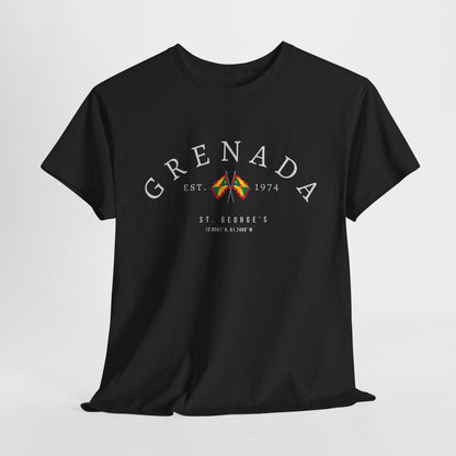 Navy T-shirt with arched Grenada text, crossed flags, EST. 1974, St. George's, and coordinates