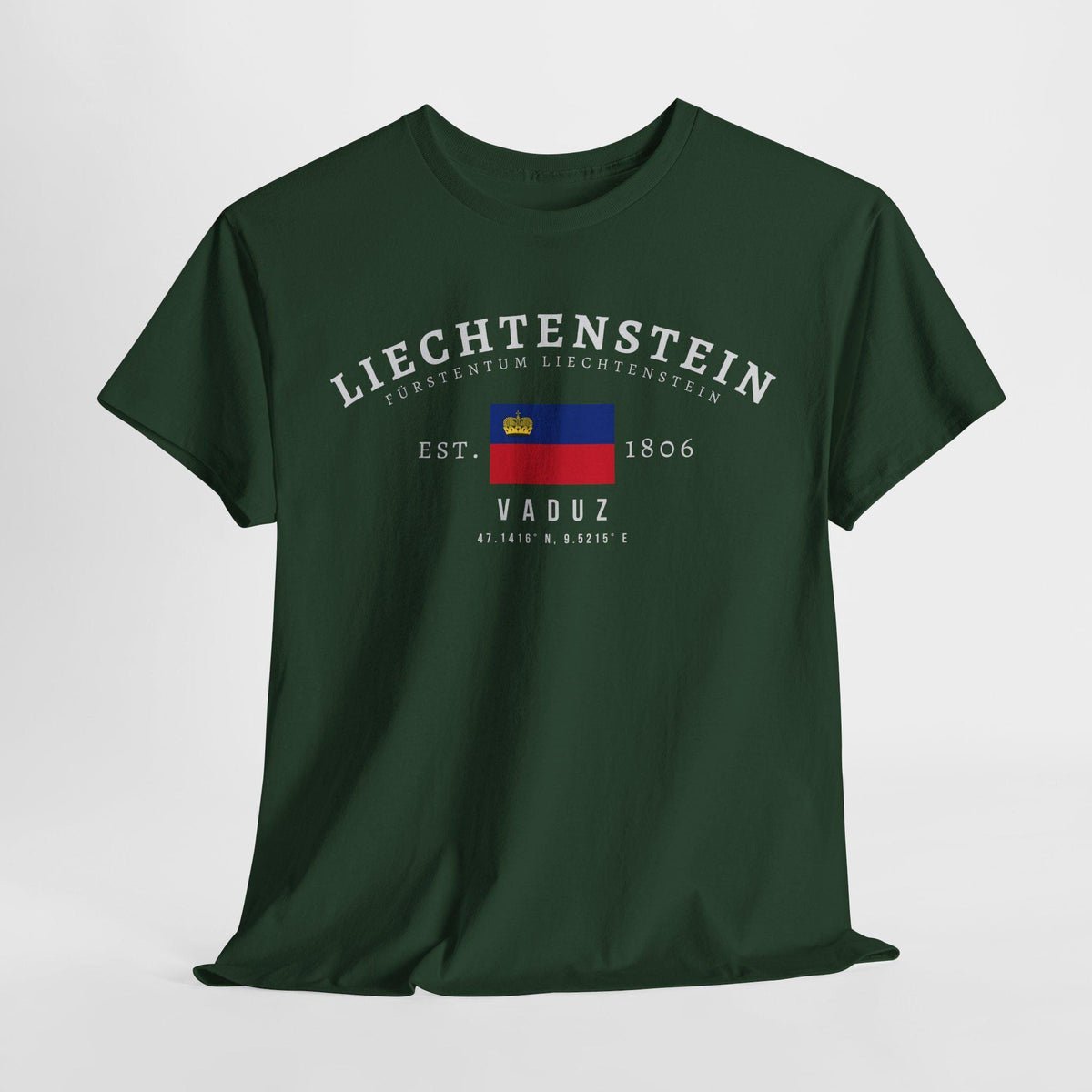 Navy T-shirt with Liechtenstein flag, crown, Vaduz text, Est. 1806, and coordinates