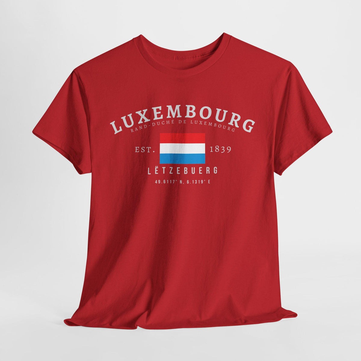 Navy T-shirt with Luxembourg flag, Lëtzebuerg text, Est. 1839, and coordinates design.