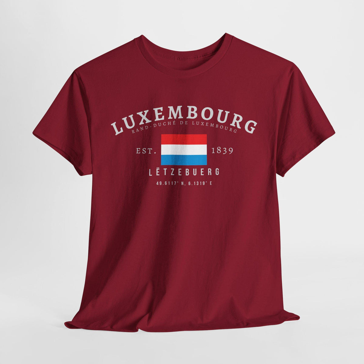 Navy T-shirt with Luxembourg flag, Lëtzebuerg text, Est. 1839, and coordinates design.
