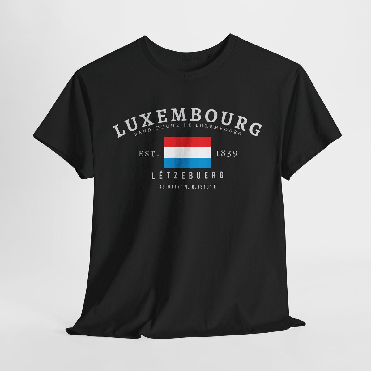 Navy T-shirt with Luxembourg flag, Lëtzebuerg text, Est. 1839, and coordinates design.