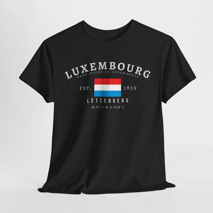 Navy T-shirt with Luxembourg flag, Lëtzebuerg text, Est. 1839, and coordinates design.