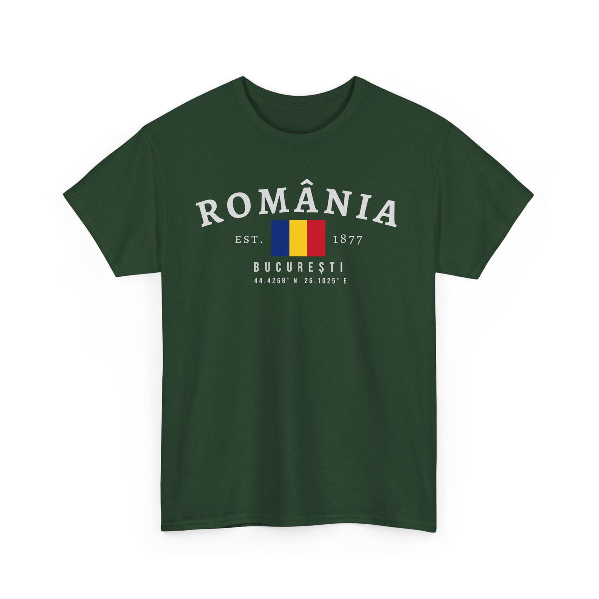 Blue t-shirt with România varsity text, Romanian flag, Est. 1877, București, and coordinates