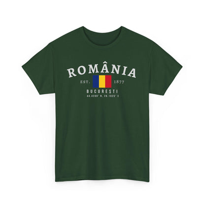 Blue t-shirt with România varsity text, Romanian flag, Est. 1877, București, and coordinates