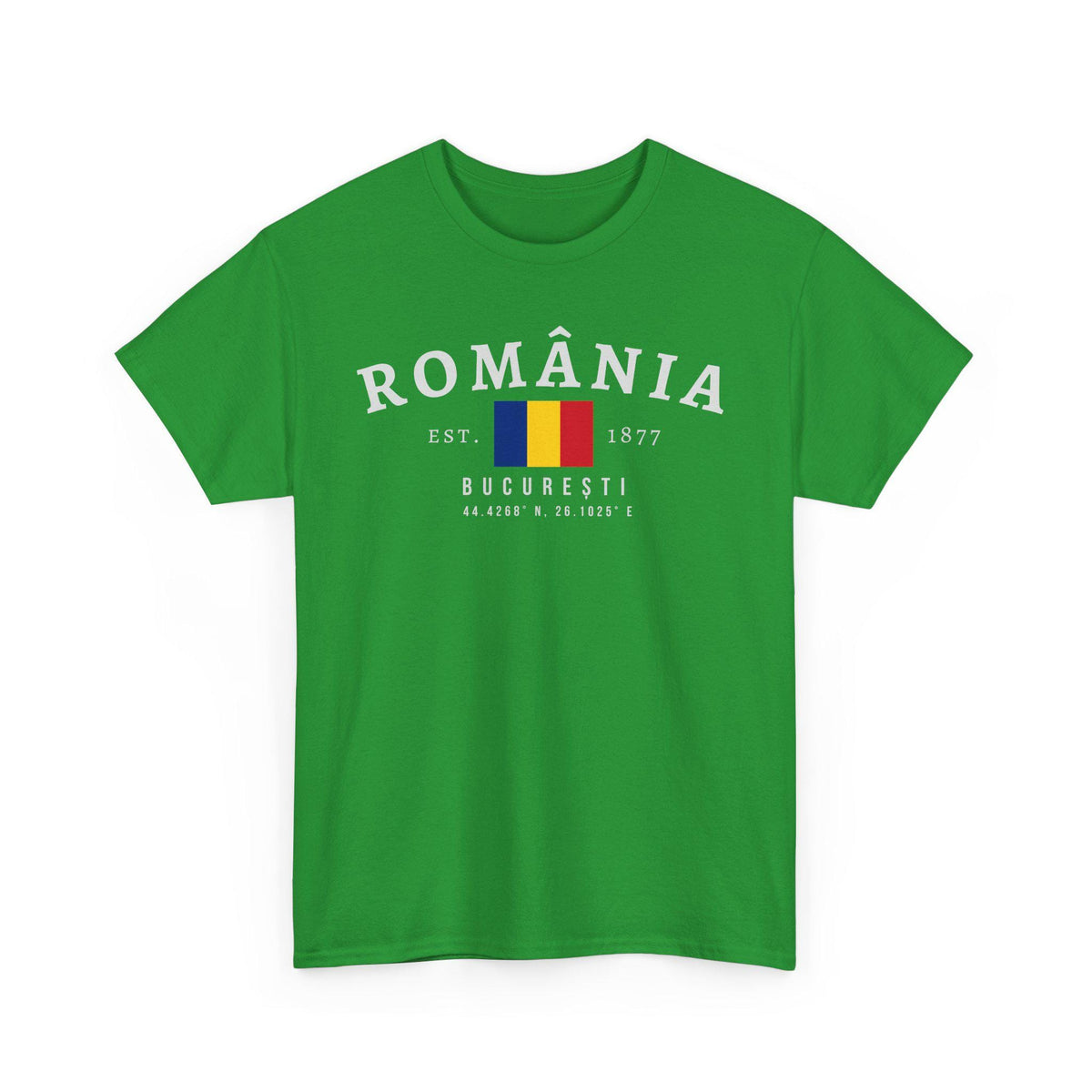 Blue t-shirt with România varsity text, Romanian flag, Est. 1877, București, and coordinates