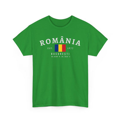 Blue t-shirt with România varsity text, Romanian flag, Est. 1877, București, and coordinates